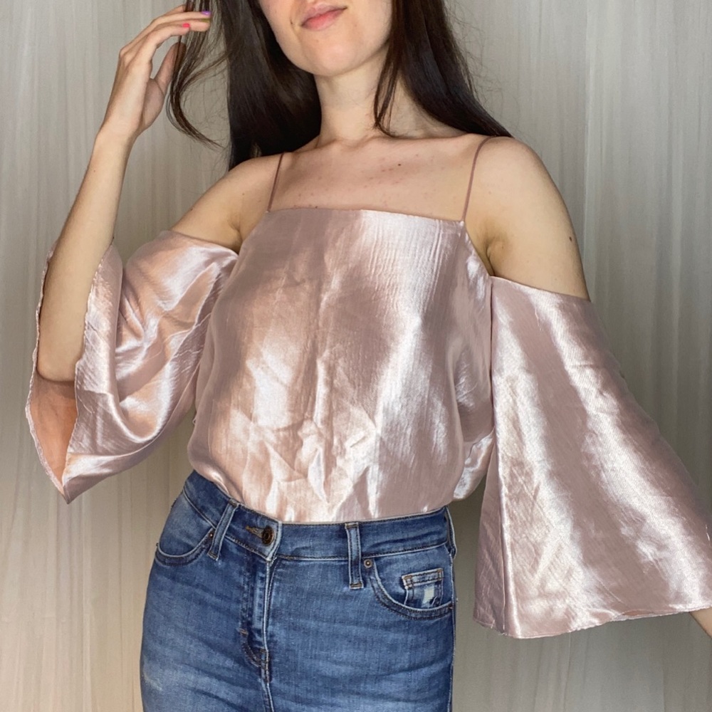 Cold Shoulder Satin Top with Flared Sleeves